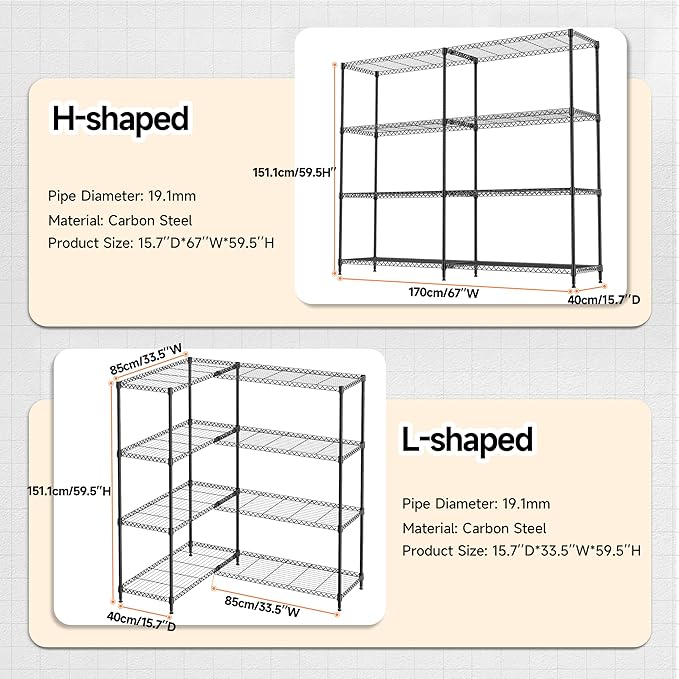 M MZG 4 Tiers Storage Shelves Load 1200LBS, Metal Shelving Wire Metal Shelving Unit Shelves for Storage Adjustable Garage Shelving for Pantry Kitchen Garage Black 15.8" D x 33.5" W x 59.5" H