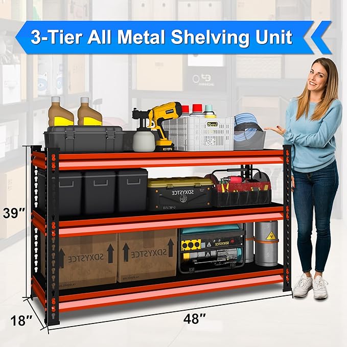 48" W Garage Shelving Heavy Duty, 1500LBS Loads Adjustable Garage Storage Shelves, 3-Tier Metal Shelving Units and Storage Racks, Industrial Utility Shelf,48" Wx18 Dx39 H,Red