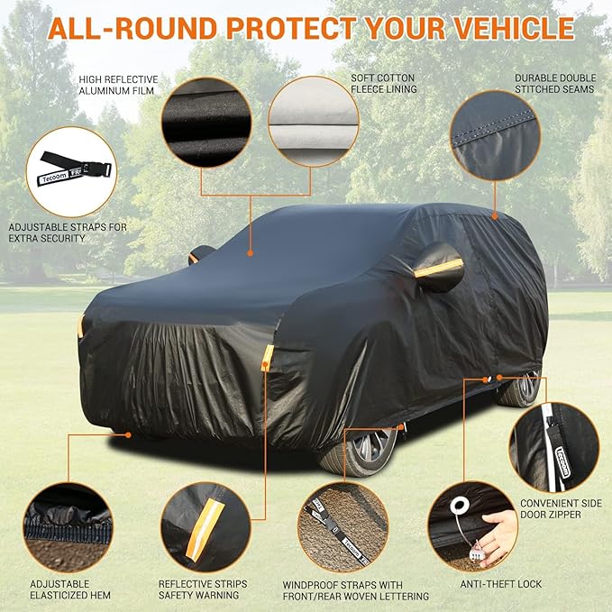 Tecoom Waterproof All Weather SUV Cover, Thick Fleece Lined Car Cover with Lock & Zipper Door, Snow Hail UV Sun Protection, Fit for SUV (206"–215"), Black