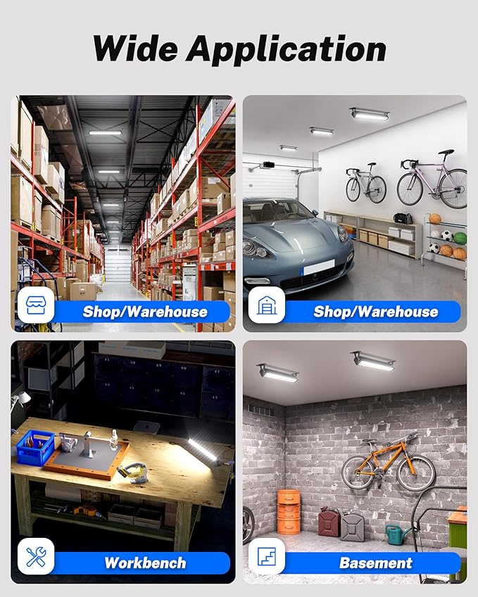 4 Pack LED Shop Lights, 40W 5400LM Plug in Garage Lights with 6.6FT Long Power Cord and On/Off Switch, 6000K Daylight White Work Light for Garage, Workshop, Warehouse