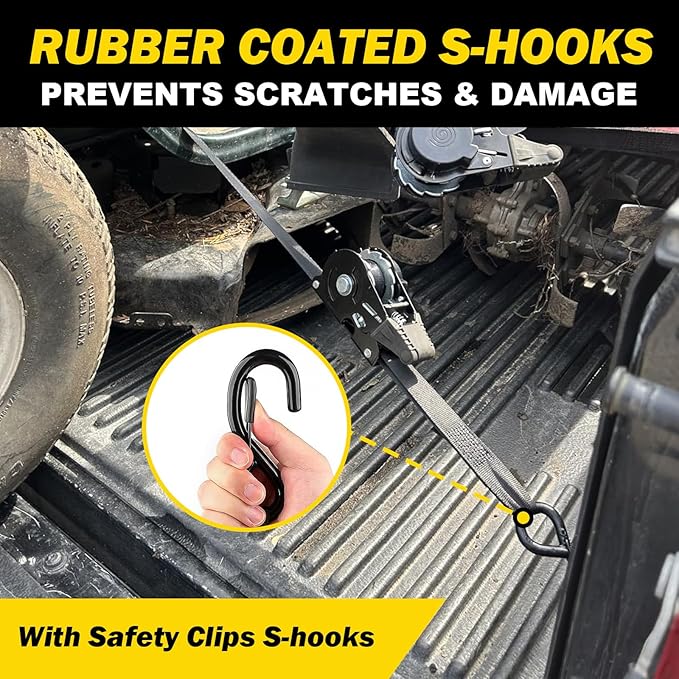 Retractable Ratchet Strap Heavy Duty 2 Pack 10 FT 1800 LB Break Strength Ratchet Tie Down with Safety Lock S Hooks and Soft Loop Tie Down,Easy Retract for Motorcycle,Truck Securing Cargo,Car.