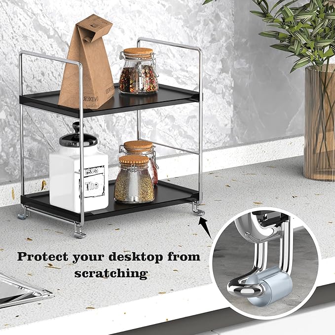 2-Tier Bathroom Organizer Countertop Storage Shelf, Vanity Tray Cosmetic Stackable Storage Rack, Kitchen Spice Rack (Chrome + Black)