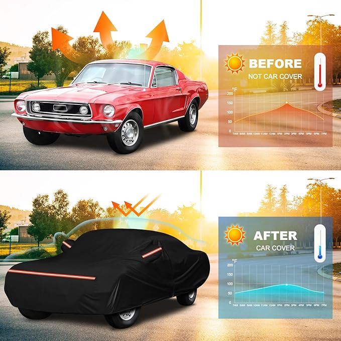 QUNSUNUS 6 Layer Car Cover for Ford Mustang 1964-1968 Waterproof All Weather 420D Windproof for Ford Mustang Car Cover Hail Protection with Zipper