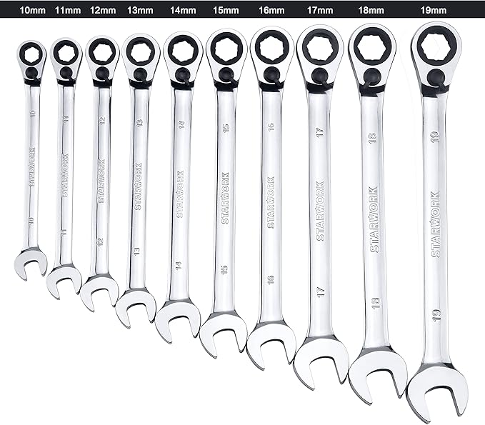 STARWORK TRUE MECHANIC™ 20 Pc. Reversible Ratcheting Wrench Set, Combination Ratchet Wrench Set, Non-Slip, Long Pattern, 6-Point 15° Offset, Professional, SAE/Metric (5/16-3/4" & 8-19 mm)