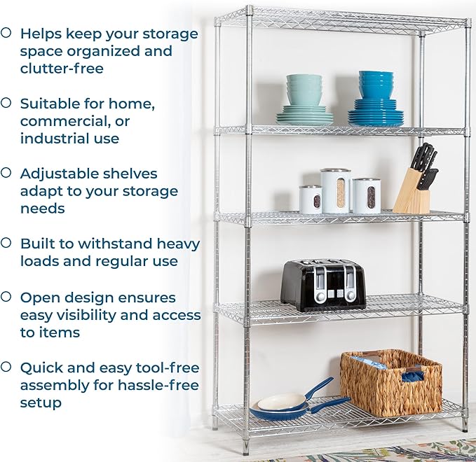 Honey-Can-Do 5-Tier Heavy-Duty Adjustable Shelves, Metal Storage Rack with 800-lb Shelf Capacity, Chrome, 18" W x 42" L x 72" H