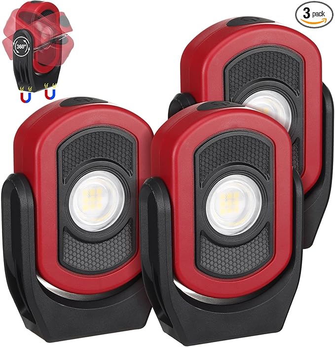 Retisee 3 Pack 780 Lumens Magnetic Work Light USB Rechargeable LED Flashlight Portable Inspection Light for Car Repair Emergency Lighting Mechanics Workshop (Red-3PK)