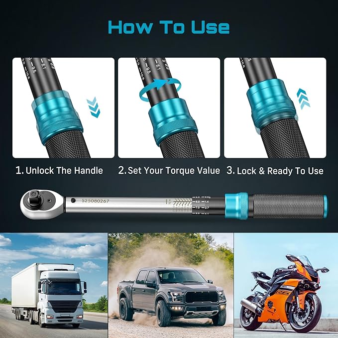 Seesii Torque Wrench Set: 1/4 3/8 1/2-inch Drive Click Torque Wrench, 10-160in.lb, 10-45ft.lb, 10-220ft.lb with Adapters, ±3% Accuracy, 72-Tooth Dual-Scale for Bike Moto Car Maintenance