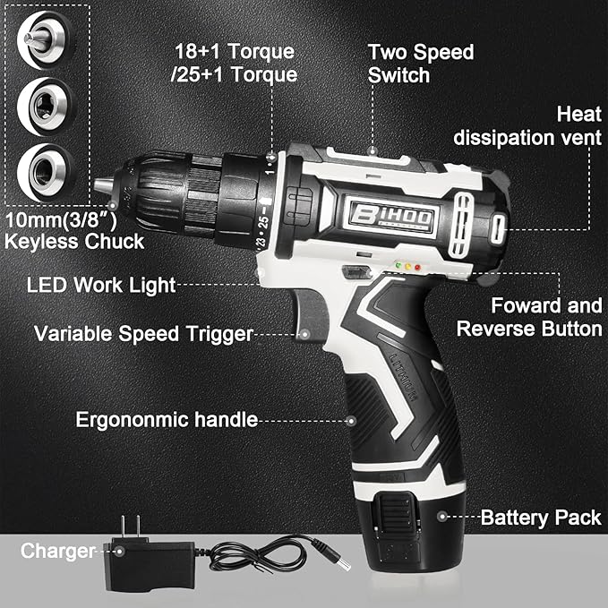12V Cordless Drill Driver Kit, 2-Speed 0-1600 RPM, 25+1 Torque, 3/8" Keyless Chuck, LED Light, Battery & Charger, Drill Bits Set, for Wood/Metal/Plastic DIY Projects, Home Repair