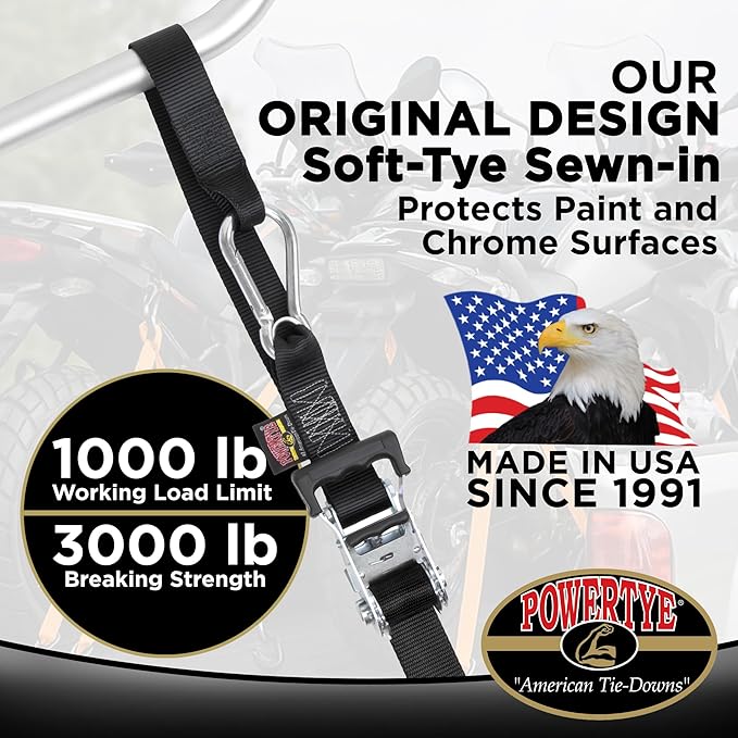 PowerTye 1.5 inch x 6.5ft Heavy Duty Ratchet Tie Down Straps with Carabiner Hooks, Soft-Tye & Storage Bag, for Motorcycle, ATV, Trailer & Cargo - 1,000 lb WLL - Made in USA - Red/Black Pair