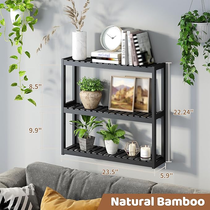 FILWH Bathroom Shelf Bamboo Organizer Rack Adjustable 3-Tier Storage Shelf Wall Mounted Storage Rack Over The Toilet Utility Shelves Living Room Kitchen Shelf(Black)