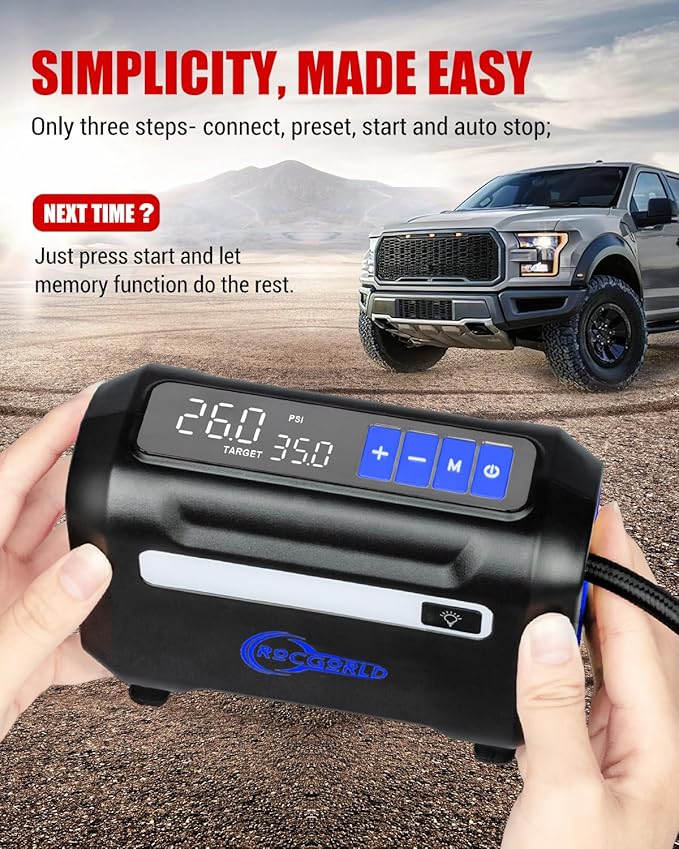 ROCGORLD R8 Tire Inflator Portable Air Compressor, DC 12V Air Compressor Portable with Large Dual Digital Screen, 3X Faster Inflation Air Pump for Car, Bike, Ball, Motor (Blue)
