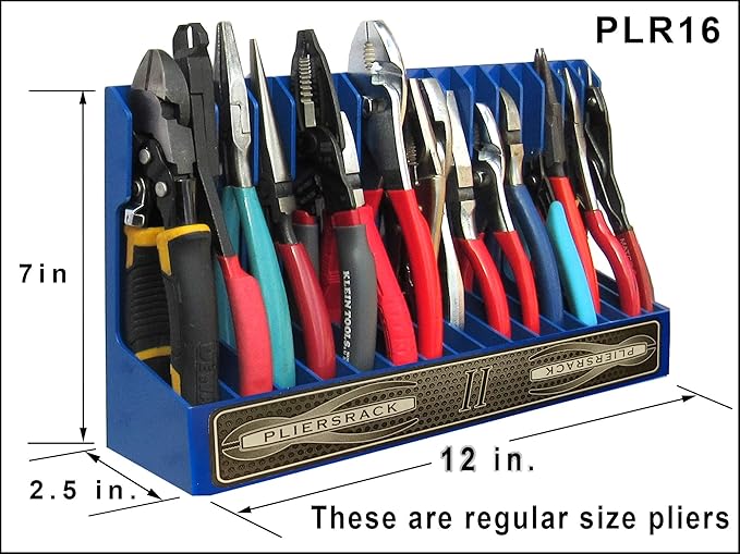 PLR16 Red Pliers Rack mounts on your peg board, or fits in your toolbox drawer. Plier storage for Regular & smaller pliers. Holds spring loaded pliers closed. Has a special tilt feature.
