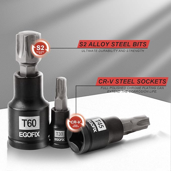 25 Piece Torx Bit and Socket Set, 13 Star Bits (T8- T60) & 12 E-Torx Sockets (E4-E22), Professional Grade Auto & Motorcycle Mechanic Set