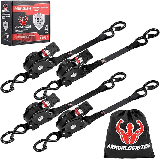 Retractable Ratchet Straps 4 Pack, 1500LBS Break Strength Self Retracting Tie Down Straps, 1" x 12' Auto Ratchet Straps for Motorcycle, Kayak and Trucks, Black