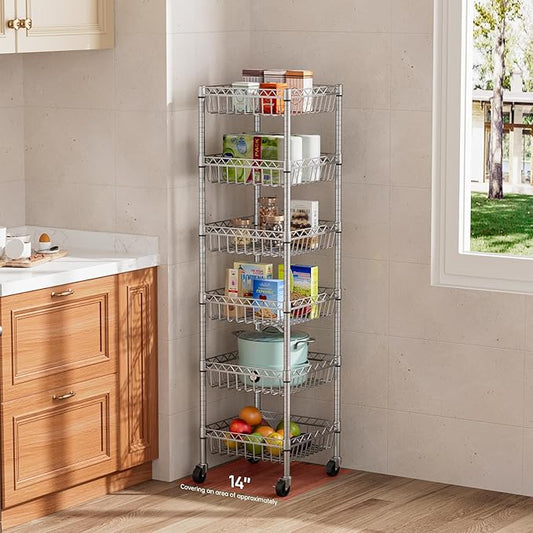 Golpart 6 Shelves Storage Shelf Wire Closet Bathroom Organizers Metal Pantry Kitchen Garage Shelving Unit Laundry Room Organization Home Rack Net Basket Silver with Wheels 14" Dx14 Wx64.8 H