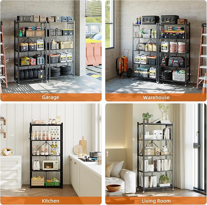 Fenbeli Folding Shelving Unit 5 Tier with Wheels & Hooks, No Assembly Foldable Collapsible Storage Shelf 60 lbs Per Shelf, Rolling Metal Rack for Kitchen Pantry Garage Craft Show Display