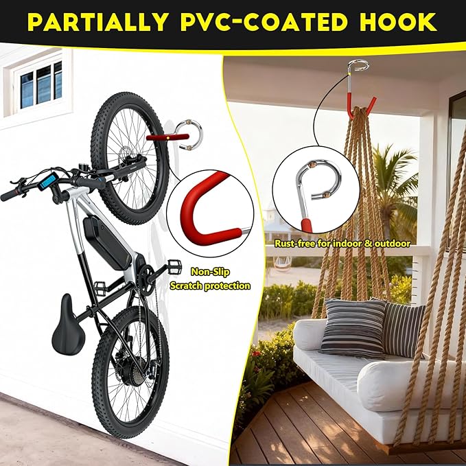 9.45" Garage Hooks Heavy Duty 330 lb – 2 Pack Long Bike/Ladder/Kayak Ceiling & Wall Hook Set – Anti-Slip PVC Coated Steel – Red