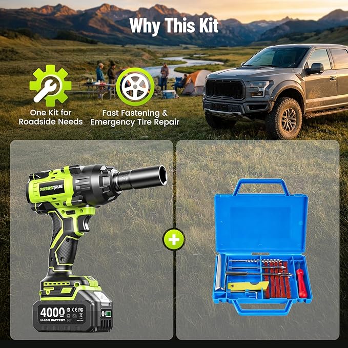 Robustrue 1400N.m (1032ft-lbs) Cordless Impact Wrench, 11Pcs Tire Repair Kit, 1/2" Brushless High Torque Impact Gun, 2x4000 mAh Batteries, Fast Charger, Impact Driver for Car Home/Truck RV/Mower