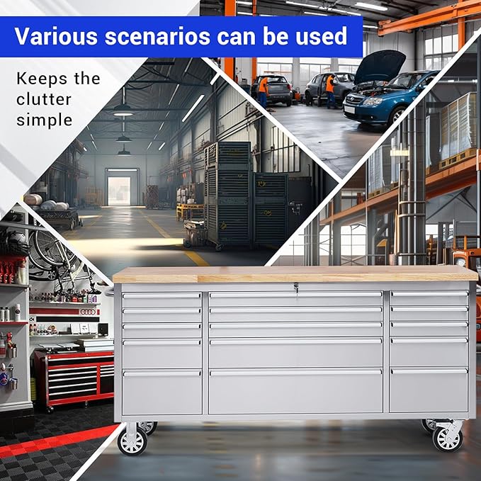 CHETTO C 72 inch Tool Chest Tool Box Mobile 15 Drawers Storage Rolling Cabinet with Wheels Lock Key Locking System Drawer Liners for Garage Warehouse Repair Shop