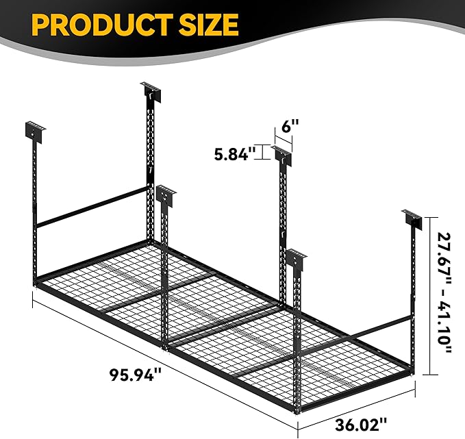 3x8 Ft Overhead Garage Storage Rack, 28-41 inch Height Adjustable Ceiling Mounted Organization Rack, 700 lbs Weight Capacity, 36"x96" Metal Rack for Garage Storage with Wire Decking