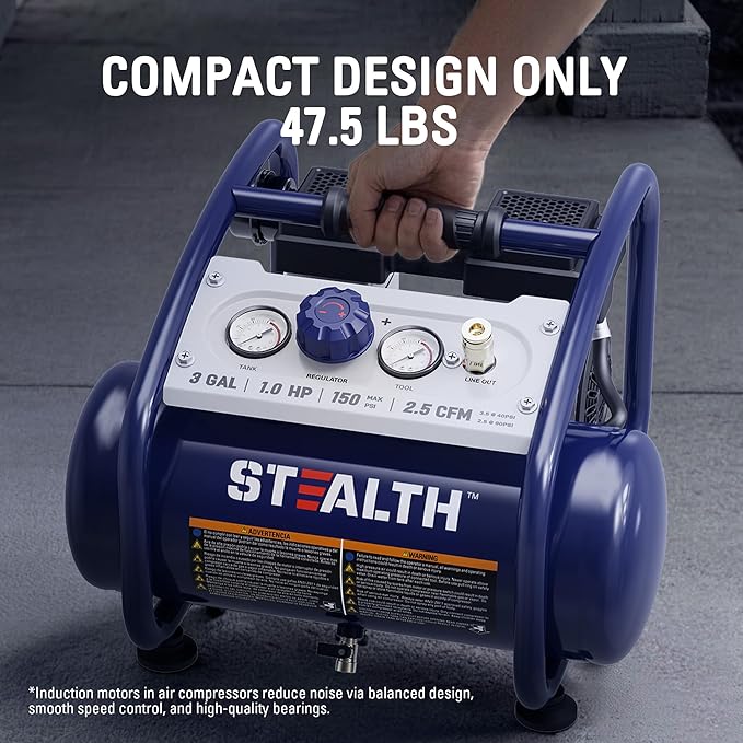 STEALTH Air Compressor 3 Gallon, Quiet Air Compressor, Oil-Free Air Tool, for Tire Inflator, Auto Repair, Woodwork Nailing (SAQ-1301)
