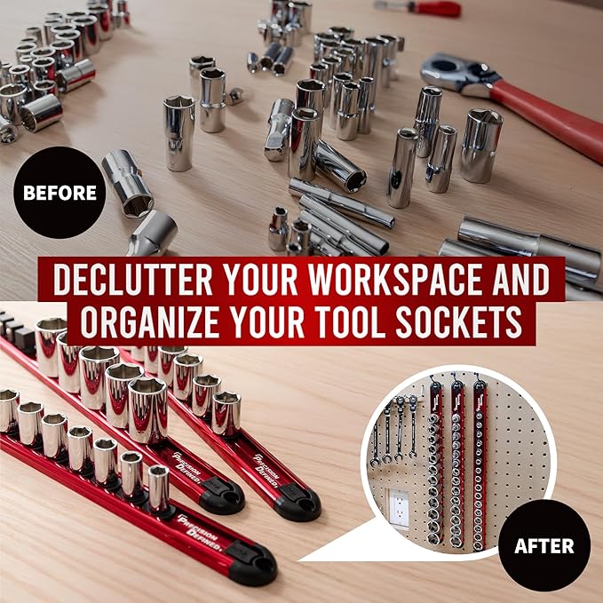 Precision Defined Aluminum Tool Socket Holder 3-Piece Set | Red, 1/4-Inch x 16 Clips, 3/8-Inch x 16 Clips, 1/2-Inch x 14 Clips | 360 Rotation - Heavy Duty Socket Rails Organizer, Socket Storage