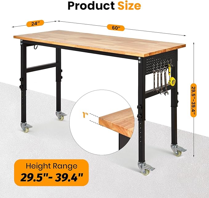 60" x 24" Heavy Duty Workbench with ETL Power Outlet, 8-Level Height Adjustment (29.5"-39.4"), Rubberwood Top with 2000 Lbs Capacity, for Garage/Workshop/Home Office, Metal Casters & Pegboard