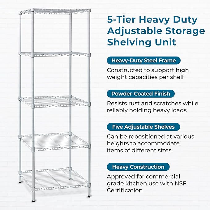 Honey-Can-Do 5-Tier Heavy-Duty Adjustable Shelves, Metal Storage Rack with 250-lb Shelf Capacity, White, 18" W x 24" L x 72" H