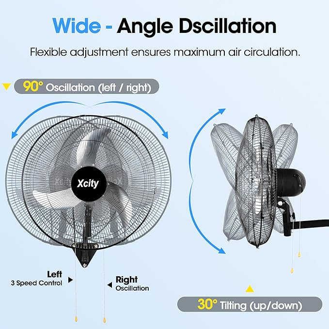 Xcity 18 inch Industrial Wall Mounted Oscillating Fan, 3-Speed, High Velocity, Max 4200 CFM, Adjustable Tilt, Heavy Duty Metal Outdoor Fans for Patio, Garage, Workshop, Warehouse, Black