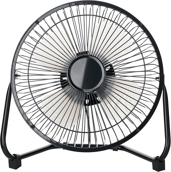 8” High Velocity Portable Fan, 2-Speed USB-Powered Floor or Table Fan with Adjustable Tilt and Steel Frame, Compact Cooling for Home, Office, or Workshop