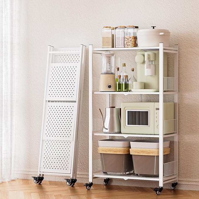 4-Tier Metal Foldable Shelf Shelving Rack Organizer on Rolling Wheels in Kitchen, Pantry, Warehouse, Patio, Basement, Dorm, Garage, RV