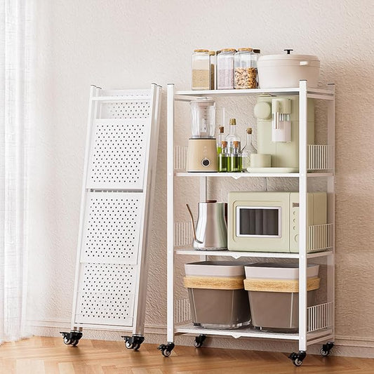 4-Tier Metal Foldable Shelf Shelving Rack Organizer on Rolling Wheels in Kitchen, Pantry, Warehouse, Patio, Basement, Dorm, Garage, RV