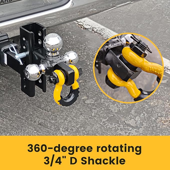 MaxxHaul Adjustable Tri-Ball Hitch Mount with Rotating Tow Shackle & D-Ring Fits 2" Receiver 1-7/8" 2" 2-5/16" Balls 12000 lb Capacity 5" Drop Rise 51003