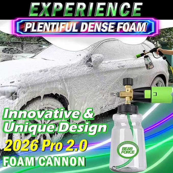 BEAR FORCE Innovative Pressure Washer Foam Cannon Pro+ (Thicker Foam, 3 Times of Life), 2026 Car Wash Snow Foam Blaster with One-Click Disassembly Technology + 1/4" Quick Plug, 34oz Bottle