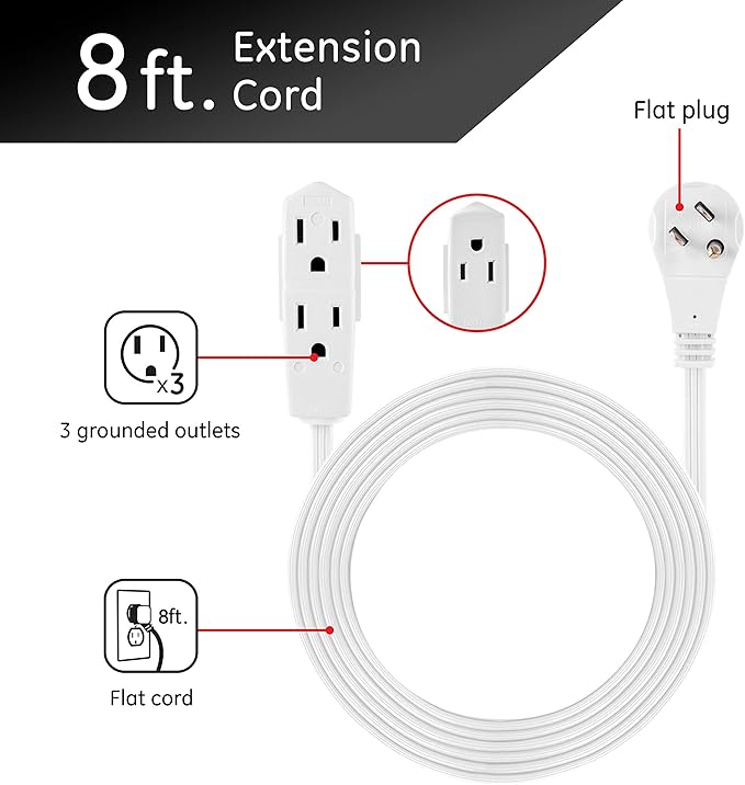 GE 3-Outlet Flat Extension Cord 8 Ft Grounded Extension Cord with Multiple Outlets 3 Prong Outlet Extender Flat Plug Power Strip Indoor 16 Gauge UL Listed 2 Pack White 57366