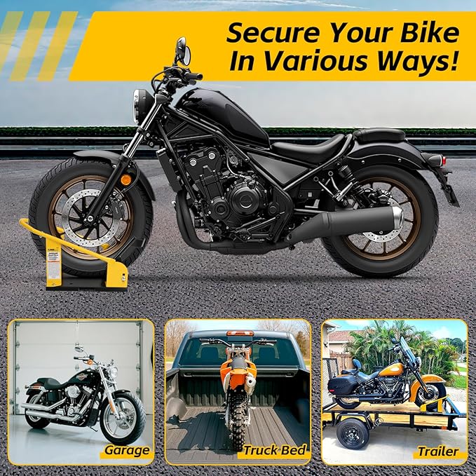 MaxxHaul Adjustable Motorcycle Wheel Chock Stand with Auto-Lock Cradle, Fits 15"–21" Tires – Heavy-Duty Steel Bike Stand for Trailer, Garage & Truck Bed, Includes Mounting Hardware – 70075