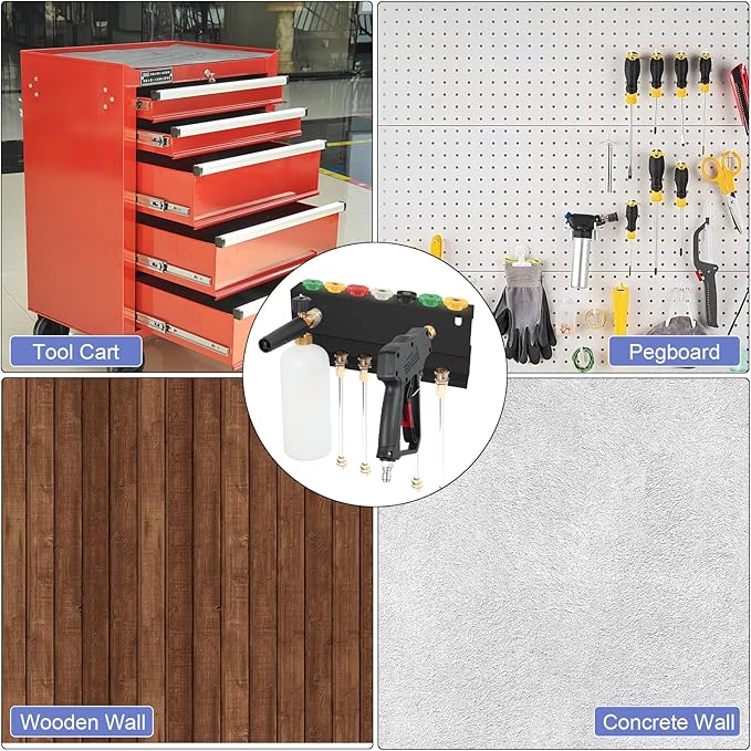 Pressure Washer Gun Holder, Wall Mounted Foam Cannon & Car Wash Accessories Storage Rack for Wand Extension and Nozzle Tips, Fits 1/4" Quick Connector, Black