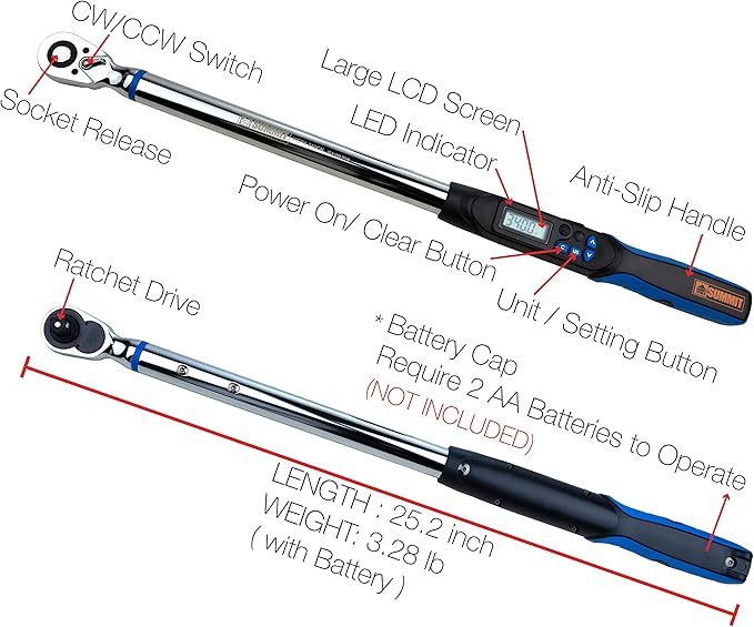1/2 inch UltraPrecision Digital Torque Wrench, 12.5-250.7 ft-lbs Range Accurate to ±1%, Set Target Torque, LED and Buzzer, Calibrated (WEP4-340CN)