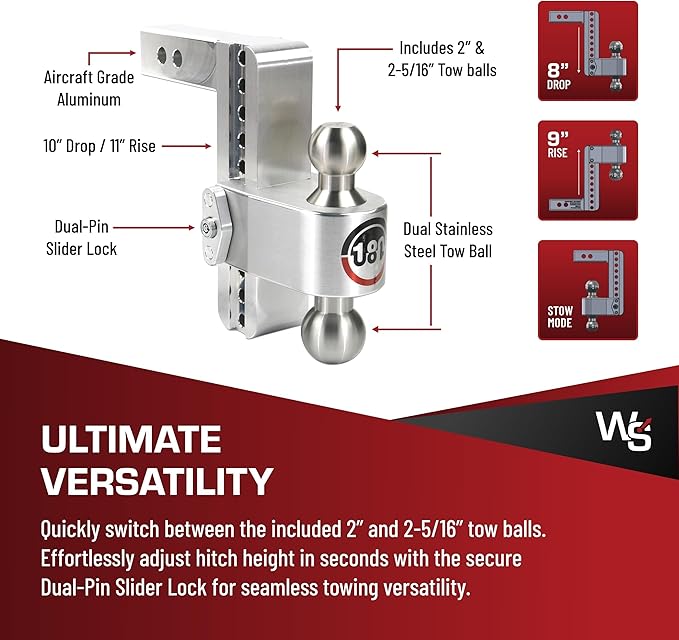 Weigh Safe Adjustable Trailer Hitch Ball Mount, 8" Adjustable Drop Hitch for 2" Receiver w/ 4 pc Keyed Alike Lock Set, Heavy Duty Aluminum Trailer Tow Hitch w/Stainless Steel Tow Balls, 12,500 GTW