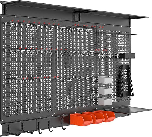 WALMANN 113 PCS Pegboard Wall Organizer Kit with Pegboard Hooks, Bins, Shelves, Pegboard Tools Storage System for Garage, Workbench, Modular Peg Board Tool Organizer Board with Hooks(Black)