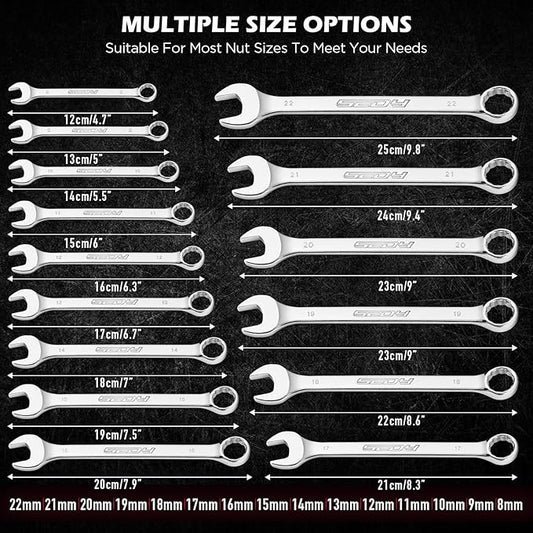 15-Piece Metric Combination Wrench Set, 8–22mm 12-Point Open End and Box End Wrench Kit with Organizer, Chrome Vanadium Steel Tools for Mechanics, Garages and Workshops