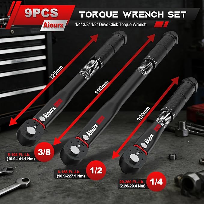 9 PCS Torque Wrench Set, 1/4" 3/8" 1/2" Drive Click Torque Wrench, 72 Tooth Dual-Direction Adjustable, Dual Scale, ±3% Accuracy, for Bicycle, Motorcycle, Automotive Repair and Maintenance