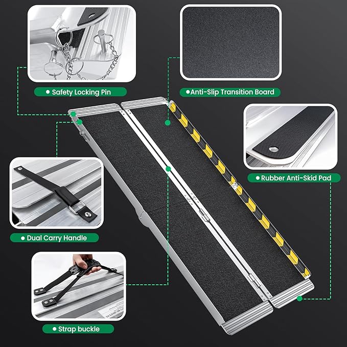 5 Feet Portable Wheelchair Ramp, 600 LBS Capacity Folding Aluminum Threshold Ramp with Anti-Slip Surface, Mobility Access Handicap Ramp for Home Steps, Doorway, Stairs, Doorways, Scooter