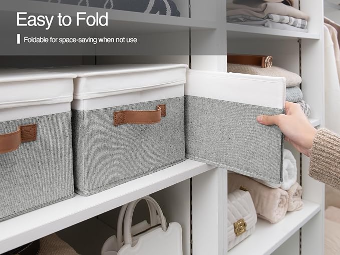 StorageWorks Decorative Storage Boxes with PU Handles, Storage Bins with Lids, Foldable Storage Baskets for Closet, Shelves, Stackable, Gray and White, 3-Pack