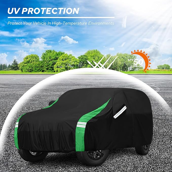 Car Cover Compatible with Jeep Wrangler Waterproof 2 Door Custom Fits for TJ YJ CJ JK JL, Outdoor Full Exterior Soft Cotton Lining Sun Rain Snow Hail Protection with Driver Door Zipper