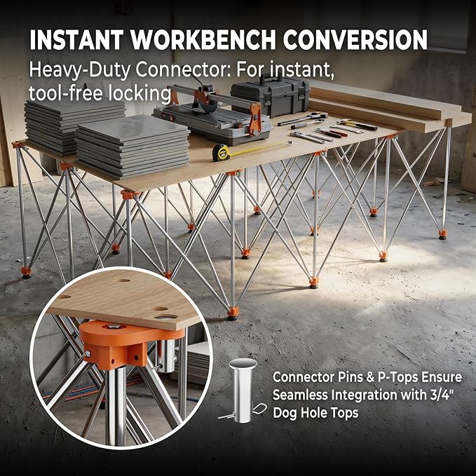 8'x4' Heavy Duty Portable Folding Workstand - 6,500 lbs Capacity Collapsible Workbench with Thickened Legs, Round Steel X-Braces & 4" Adjustable Leveling Feet - Instant Setup for Jobsite & Garage