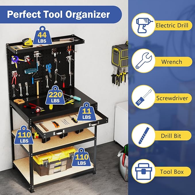 Goplus Workbench with Drawer, 32" x 16" Heavy-Duty Work Table with 2 PCS Pegboard & 4 Shelves, 19 Hanging Hooks, 495LBS Capacity, Metal Tool Storage Work Bench for Garage, Workshop, Home
