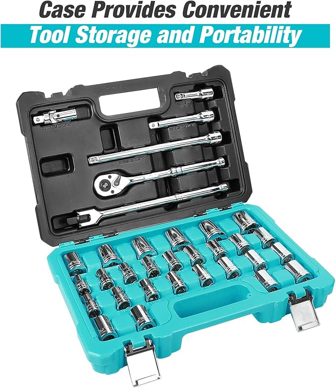 DURATECH 1/2" Drive Socket Set, 33-piece, Including Metric/SAE Sockets, 1/2-Inch Ratchet, Breaker Bar and Socket Adapters