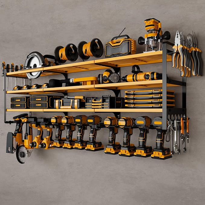 NattyDot 48" Large Power Tools Organizer Wall Mount,12 Drill Holder for Garage, Workshop Heavy Duty Storage Rack (Yellow)