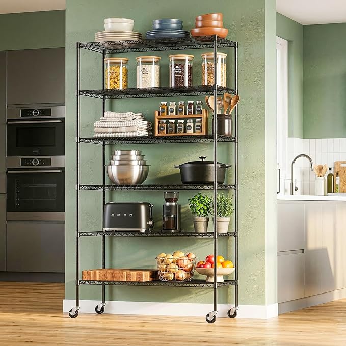 Storage Shelves 2100Lbs Capacity, 6-Shelf on Casters 45" L×18" W×82" H Commercial Wire Shelving Unit Adjustable Layer Metal Rack Strong Steel for Restaurant Garage Pantry Kitchen,Black